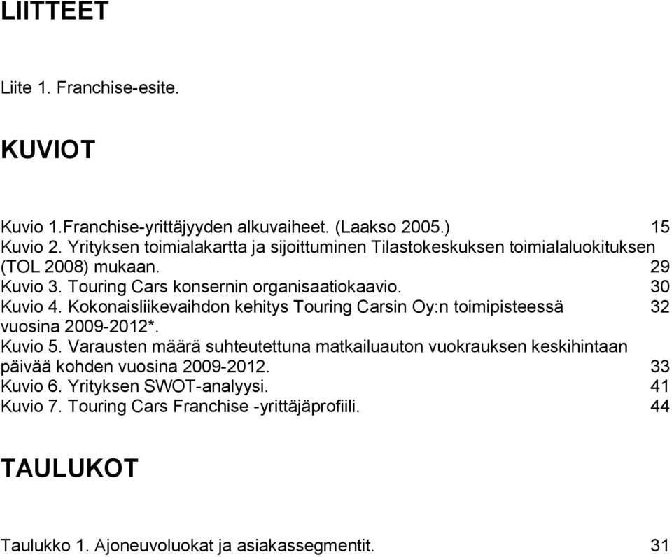 30 Kuvio 4. Kokonaisliikevaihdon kehitys Touring Carsin Oy:n toimipisteessä 32 vuosina 2009-2012*. Kuvio 5.