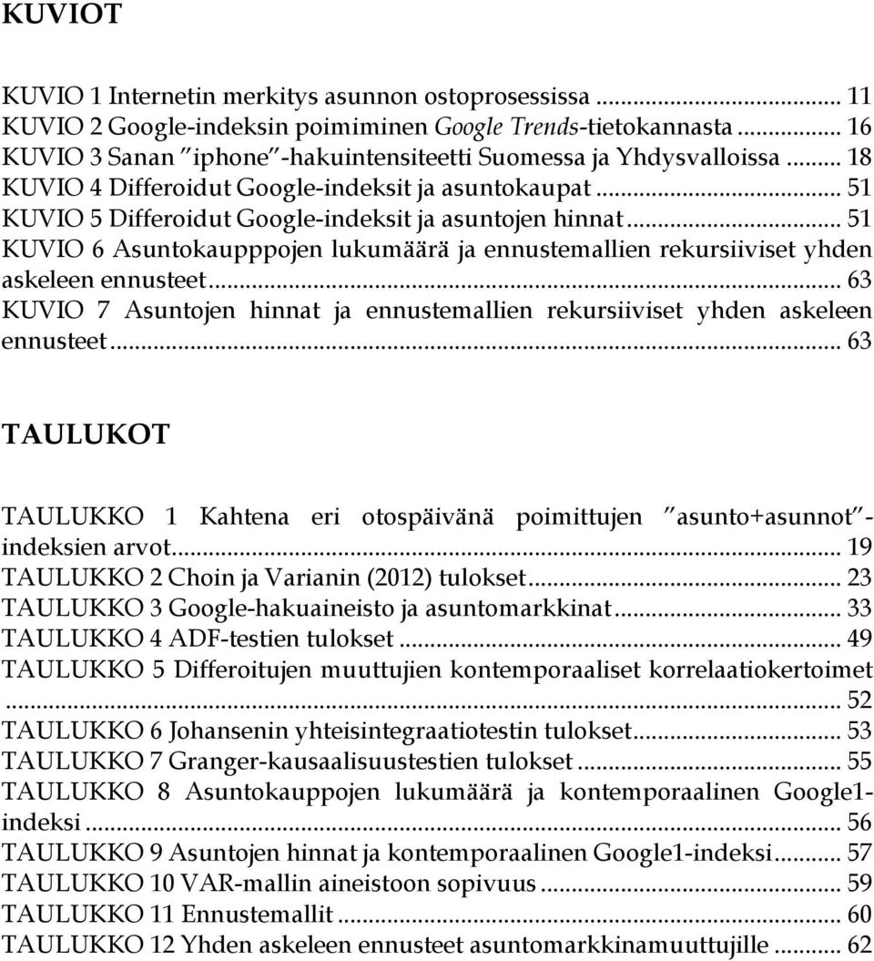 .. 51 KUVIO 6 Asuntokaupppojen lukumäärä ja ennustemallien rekursiiviset yhden askeleen ennusteet... 63 KUVIO 7 Asuntojen hinnat ja ennustemallien rekursiiviset yhden askeleen ennusteet.