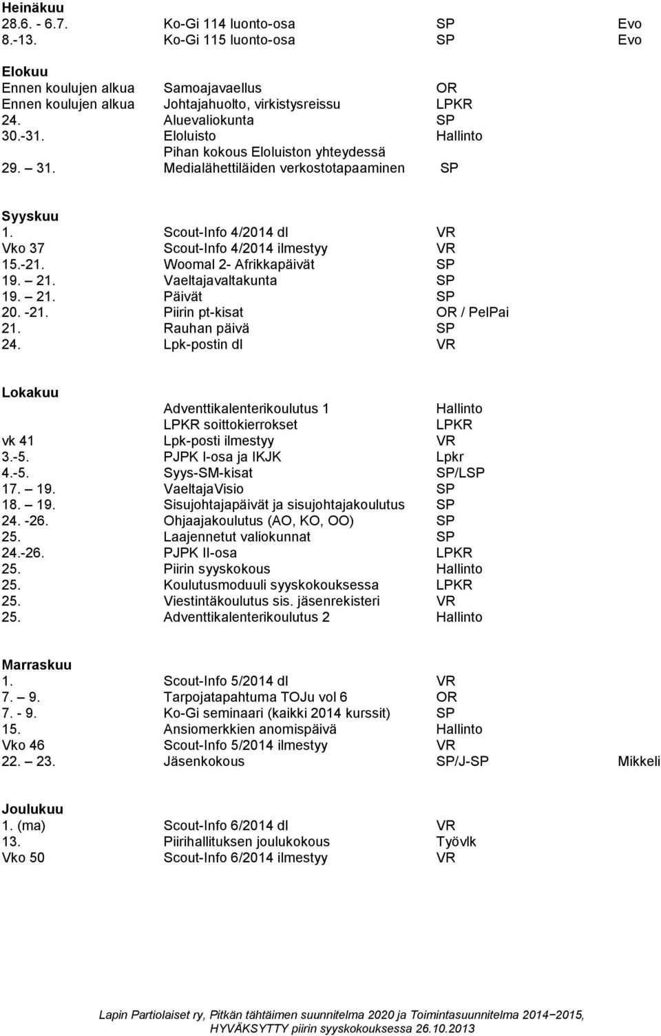 Scout-Info 4/2014 dl VR Vko 37 Scout-Info 4/2014 ilmestyy VR 15.-21. Woomal 2- Afrikkapäivät SP 19. 21. Vaeltajavaltakunta SP 19. 21. Päivät SP 20. -21. Piirin pt-kisat OR / PelPai 21.