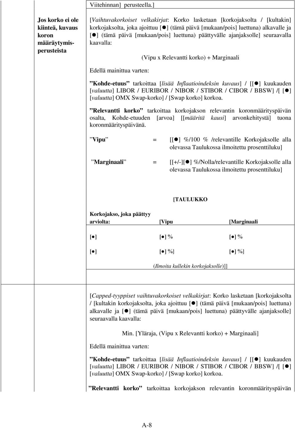 luettuna) alkavalle ja [ ] (tämä päivä [mukaan/pois] luettuna) päättyvälle ajanjaksolle] seuraavalla kaavalla: (Vipu x Relevantti korko) + Marginaali Kohde-etuus tarkoittaa [lisää Inflaatioindeksin