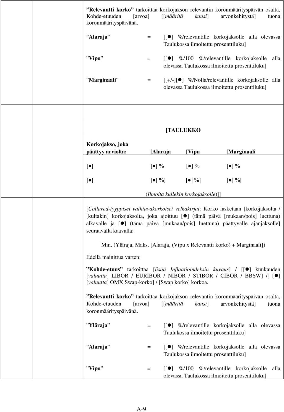 Marginaali = [[+/-][ ] %/Nolla/relevantille korkojaksolle alla olevassa Taulukossa ilmoitettu prosenttiluku] [TAULUKKO Korkojakso, joka päättyy arviolta: [Alaraja [Vipu [Marginaali [ ] [ ] % [ ] % [