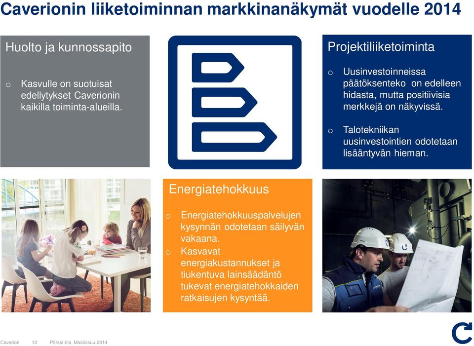 Projektiliiketoiminta o Uusinvestoinneissa päätöksenteko on edelleen hidasta, mutta positiivisia merkkejä on näkyvissä.