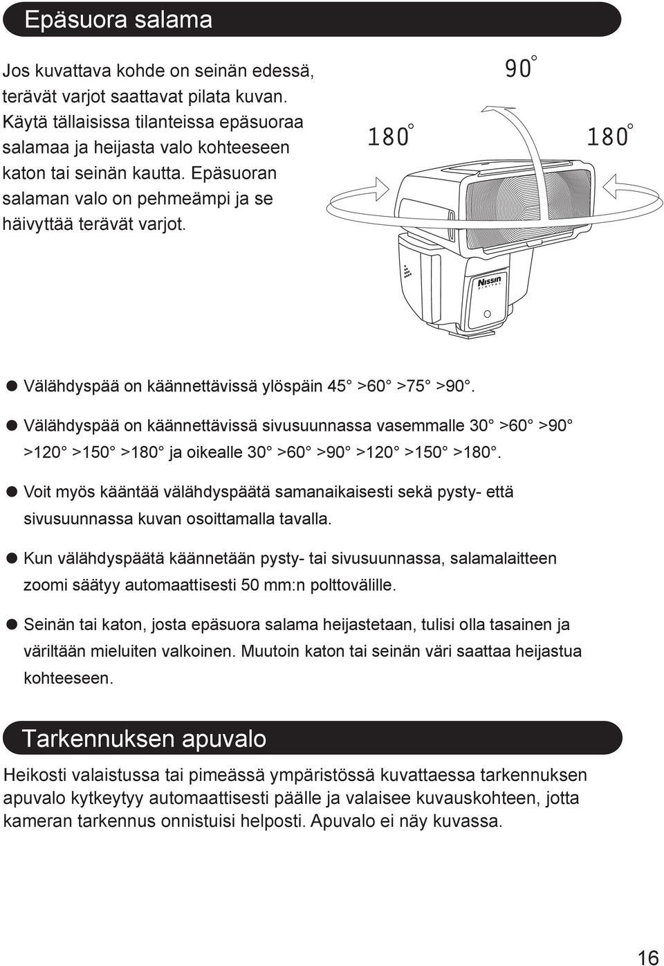 Välähdyspää on käännettävissä sivusuunnassa vasemmalle 30 >60 >90 >10 >150 >180 ja oikealle 30 >60 >90 >10 >150 >180.