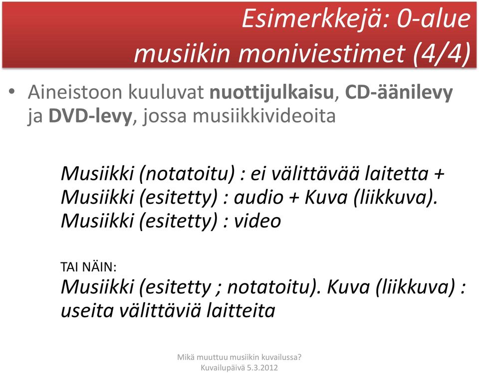 laitetta + Musiikki (esitetty) : audio + Kuva (liikkuva).