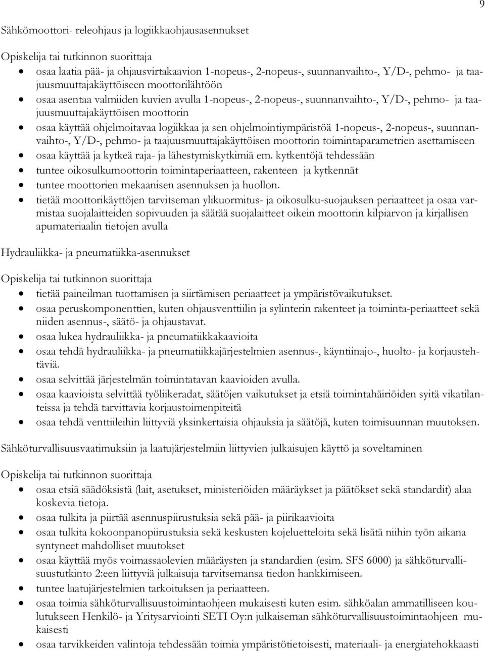 2-nopeus-, suunnanvaihto-, Y/D-, pehmo- ja taajuusmuuttajakäyttöisen moottorin toimintaparametrien asettamiseen osaa käyttää ja kytkeä raja- ja lähestymiskytkimiä em.