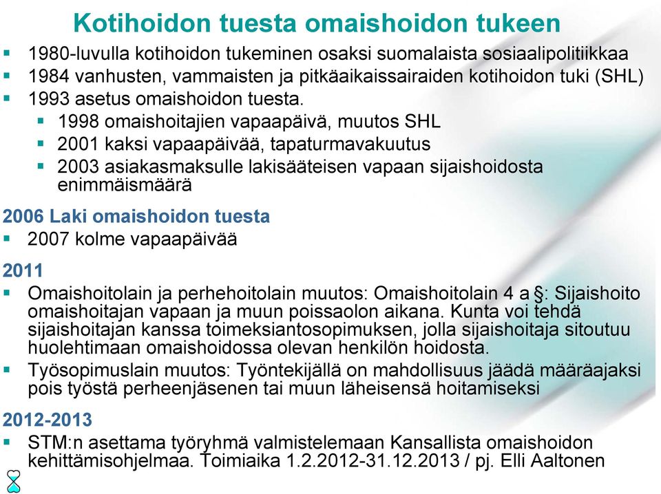 1998 omaishoitajien vapaapäivä, muutos SHL 2001 kaksi vapaapäivää, tapaturmavakuutus 2003 asiakasmaksulle lakisääteisen vapaan sijaishoidosta enimmäismäärä 2006 Laki omaishoidon tuesta 2007 kolme