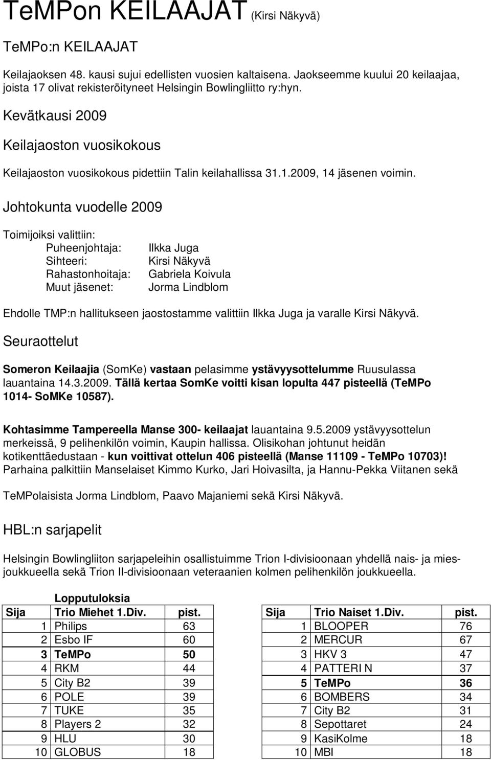 Johtokunta vuodelle 2009 Toimijoiksi valittiin: Puheenjohtaja: Sihteeri: Rahastonhoitaja: Muut jäsenet: Ilkka Juga Kirsi Näkyvä Gabriela Koivula Jorma Lindblom Ehdolle TMP:n hallitukseen jaostostamme