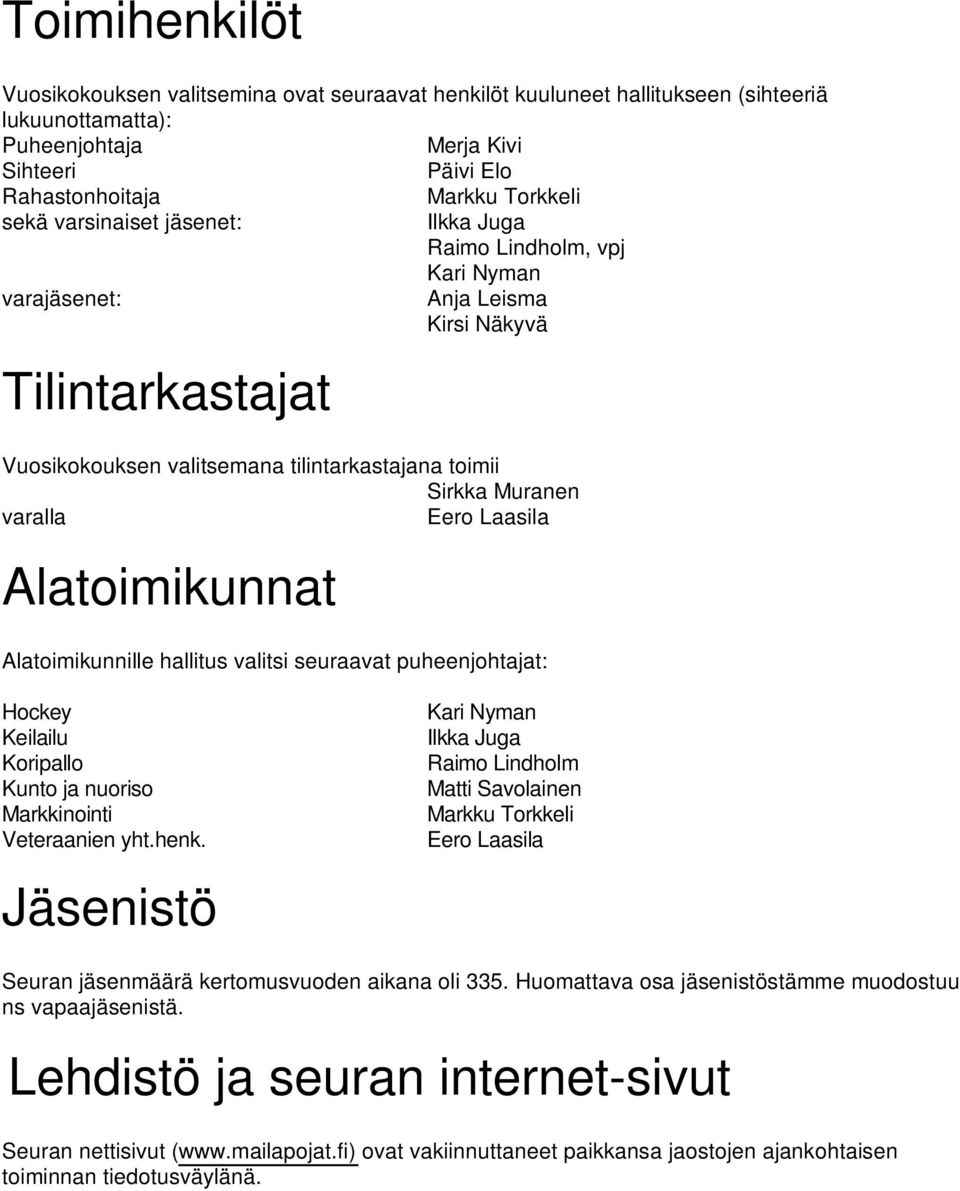 Laasila Alatoimikunnat Alatoimikunnille hallitus valitsi seuraavat puheenjohtajat: Hockey Keilailu Koripallo Kunto ja nuoriso Markkinointi Veteraanien yht.henk.