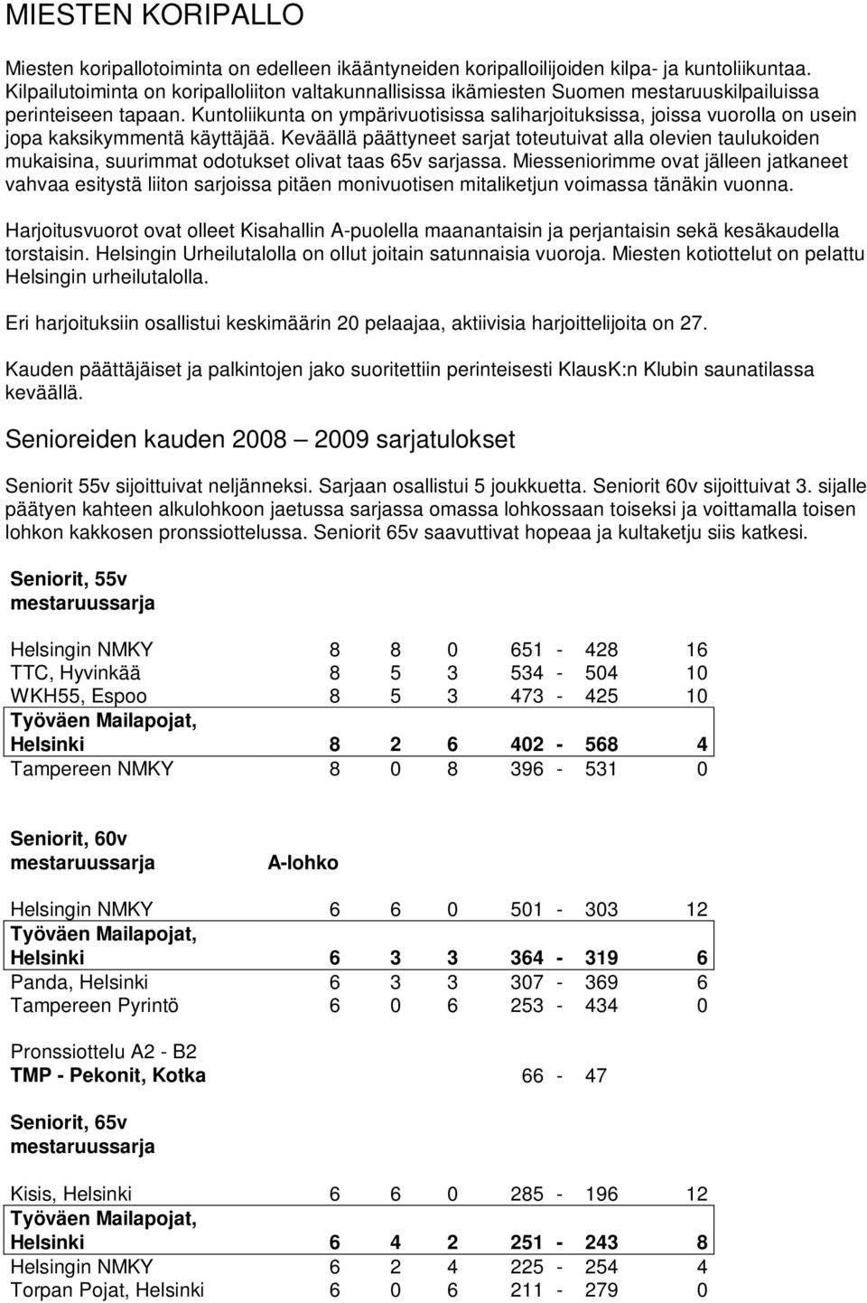 Kuntoliikunta on ympärivuotisissa saliharjoituksissa, joissa vuorolla on usein jopa kaksikymmentä käyttäjää.