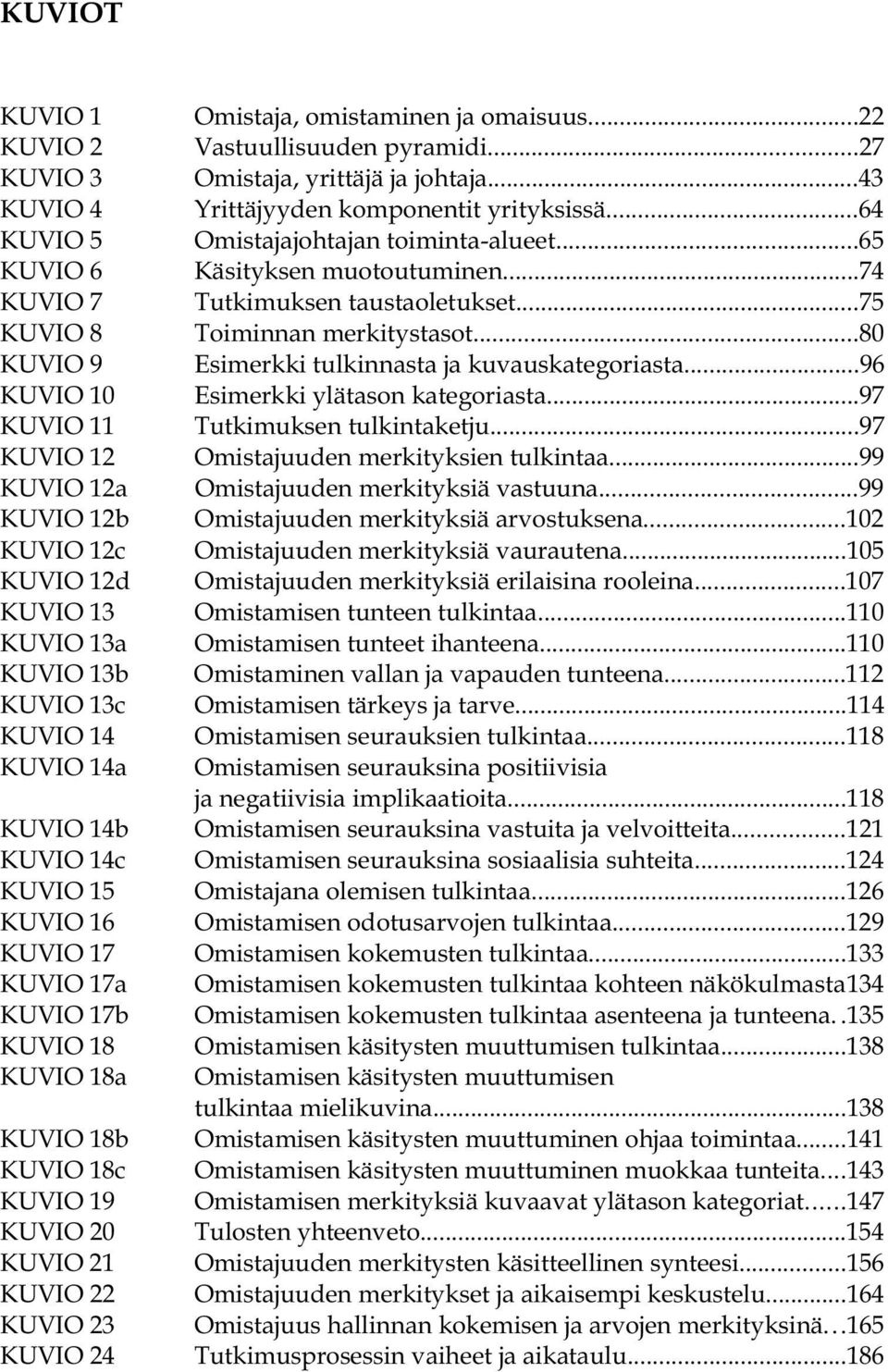 ..80 KUVIO 9 Esimerkki tulkinnasta ja kuvauskategoriasta...96 KUVIO 10 Esimerkki ylätason kategoriasta...97 KUVIO 11 Tutkimuksen tulkintaketju...97 KUVIO 12 Omistajuuden merkityksien tulkintaa.