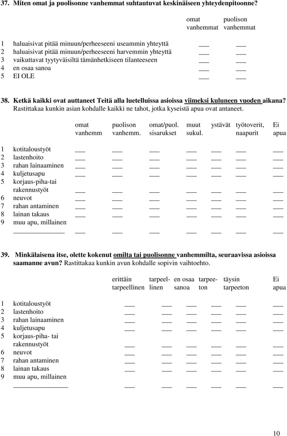 tilanteeseen 4 en osaa sanoa 5 EI OLE 38. Ketkä kaikki ovat auttaneet Teitä alla luetelluissa asioissa viimeksi kuluneen vuoden aikana?