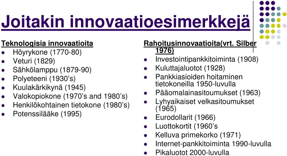 Silber 1976) Investointipankkitoiminta (1908) Kuluttajaluotot (1928) Pankkiasioiden hoitaminen tietokoneilla 1950-luvulla Pääomalainasitoumukset