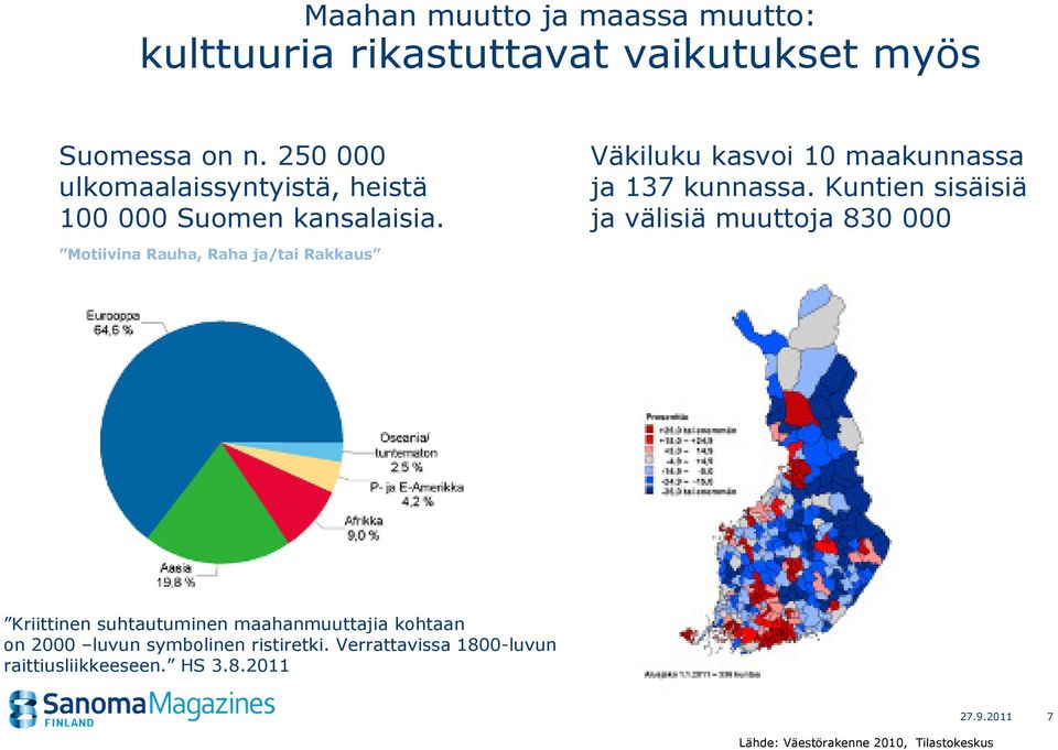 Kuntien sisäisiä ja välisiä muuttoja 830 000 Motiivina Rauha, Raha ja/tai Rakkaus Kriittinen suhtautuminen