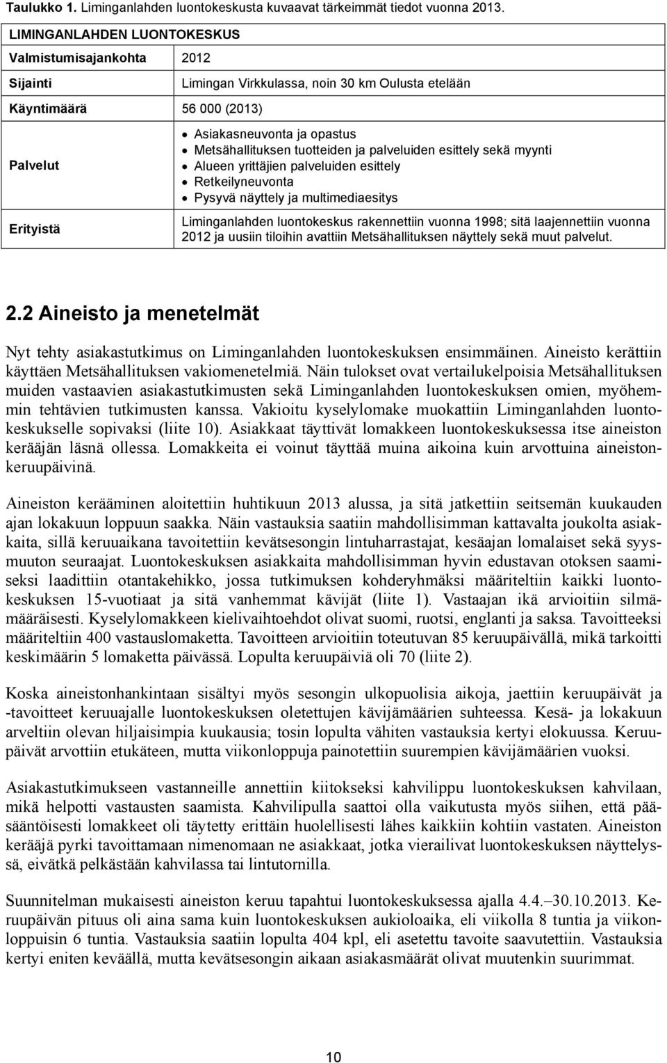 Metsähallituksen tuotteiden ja palveluiden esittely sekä myynti Alueen yrittäjien palveluiden esittely Retkeilyneuvonta Pysyvä näyttely ja multimediaesitys Liminganlahden luontokeskus rakennettiin