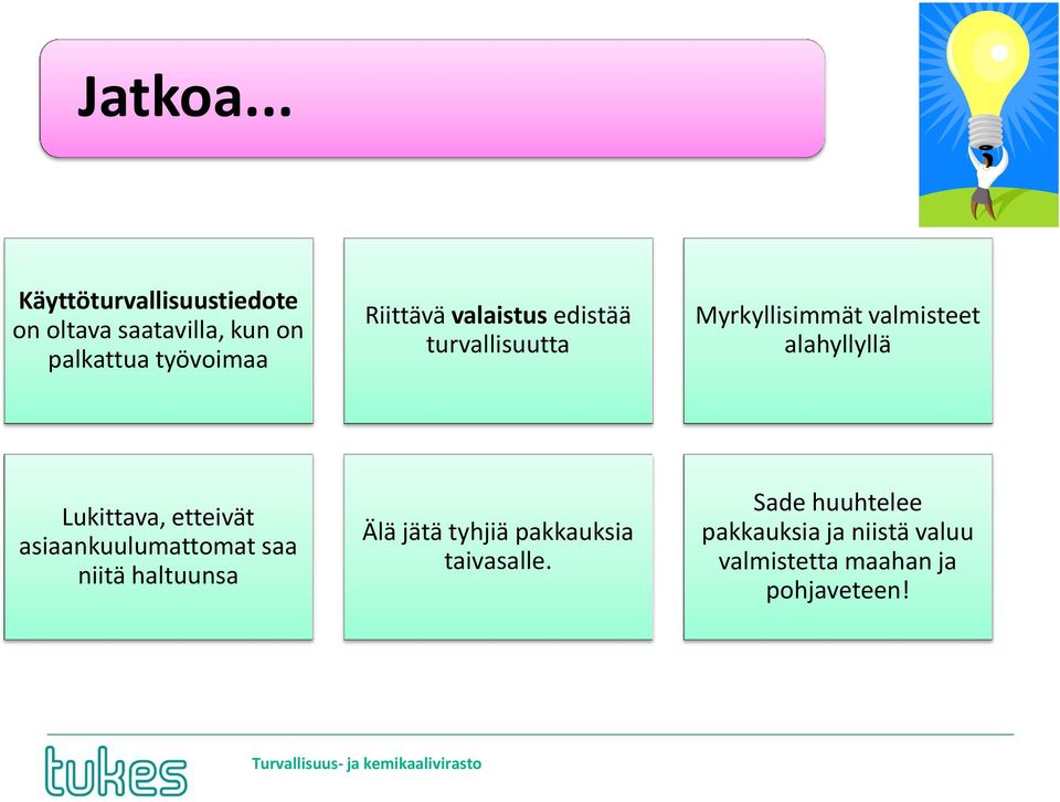 valaistus edistää turvallisuutta Myrkyllisimmät valmisteet alahyllyllä Lukittava, etteivät