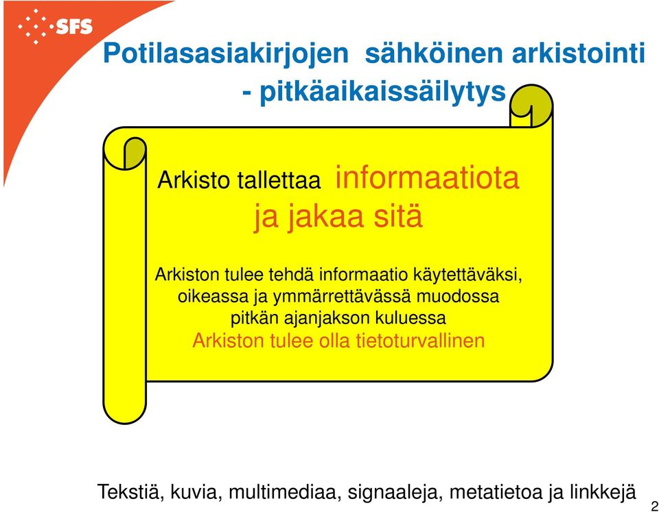 käytettäväksi, oikeassa ja ymmärrettävässä muodossa pitkän ajanjakson kuluessa