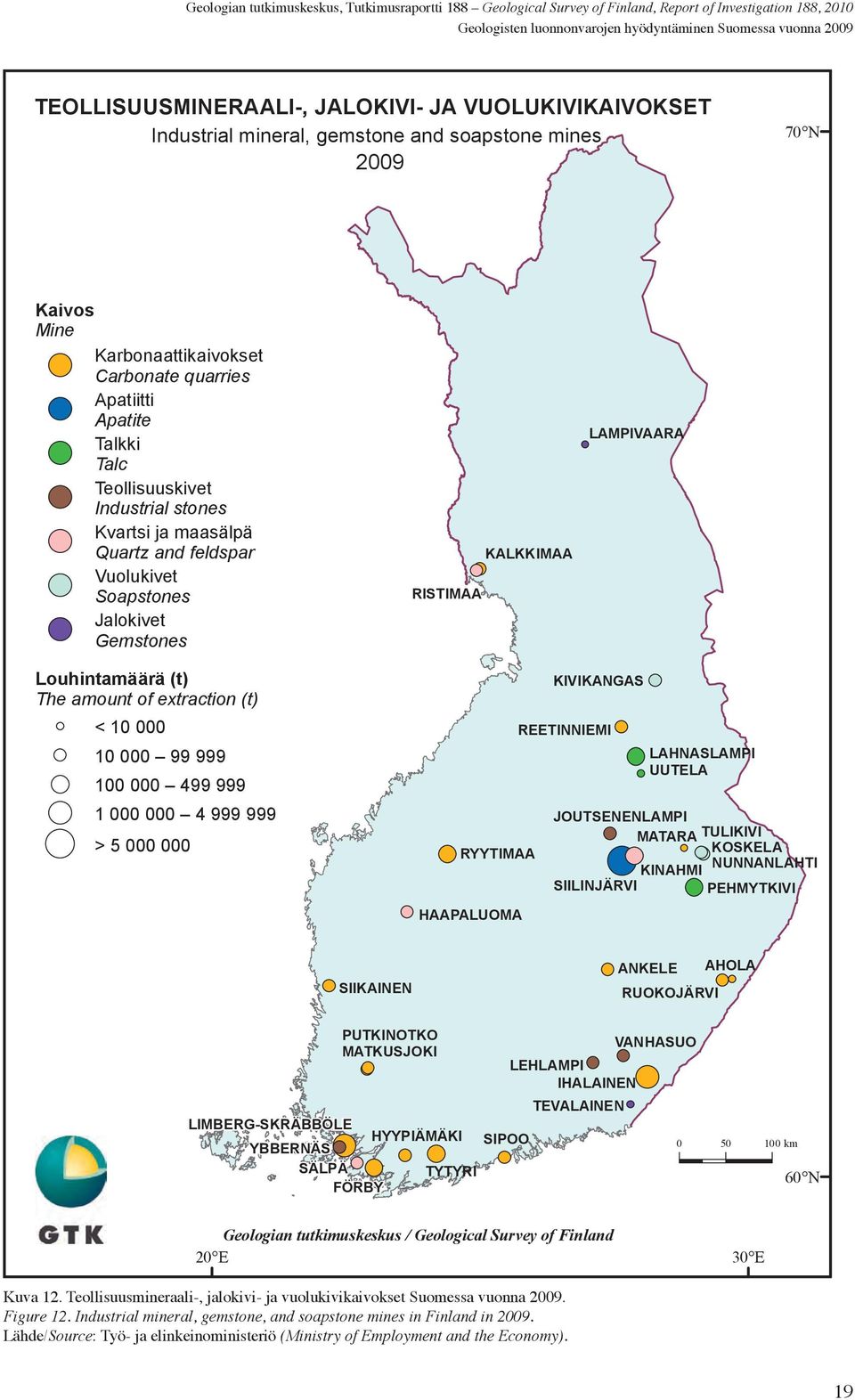 stones Kvartsi ja maasälpä Quartz and feldspar Vuolukivet Soapstones Jalokivet Gemstones RISTIMAA KALKKIMAA LAMPIVAARA Louhintamäärä (t) The amount of extraction (t) < 10 000 10 000 99 999 100 000