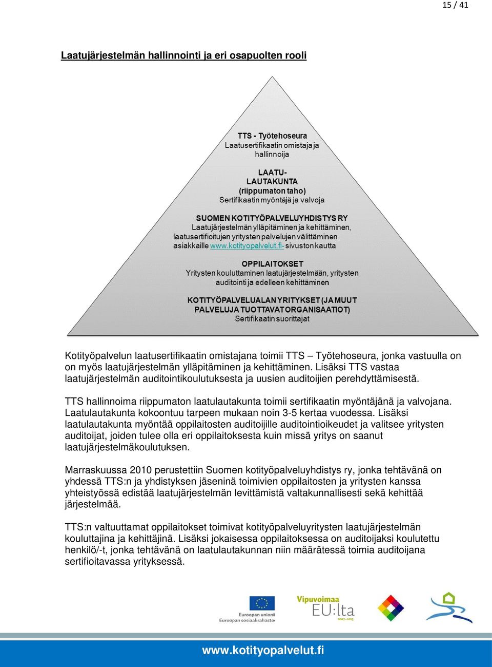 TTS hallinnoima riippumaton laatulautakunta toimii sertifikaatin myöntäjänä ja valvojana. Laatulautakunta kokoontuu tarpeen mukaan noin 3-5 kertaa vuodessa.