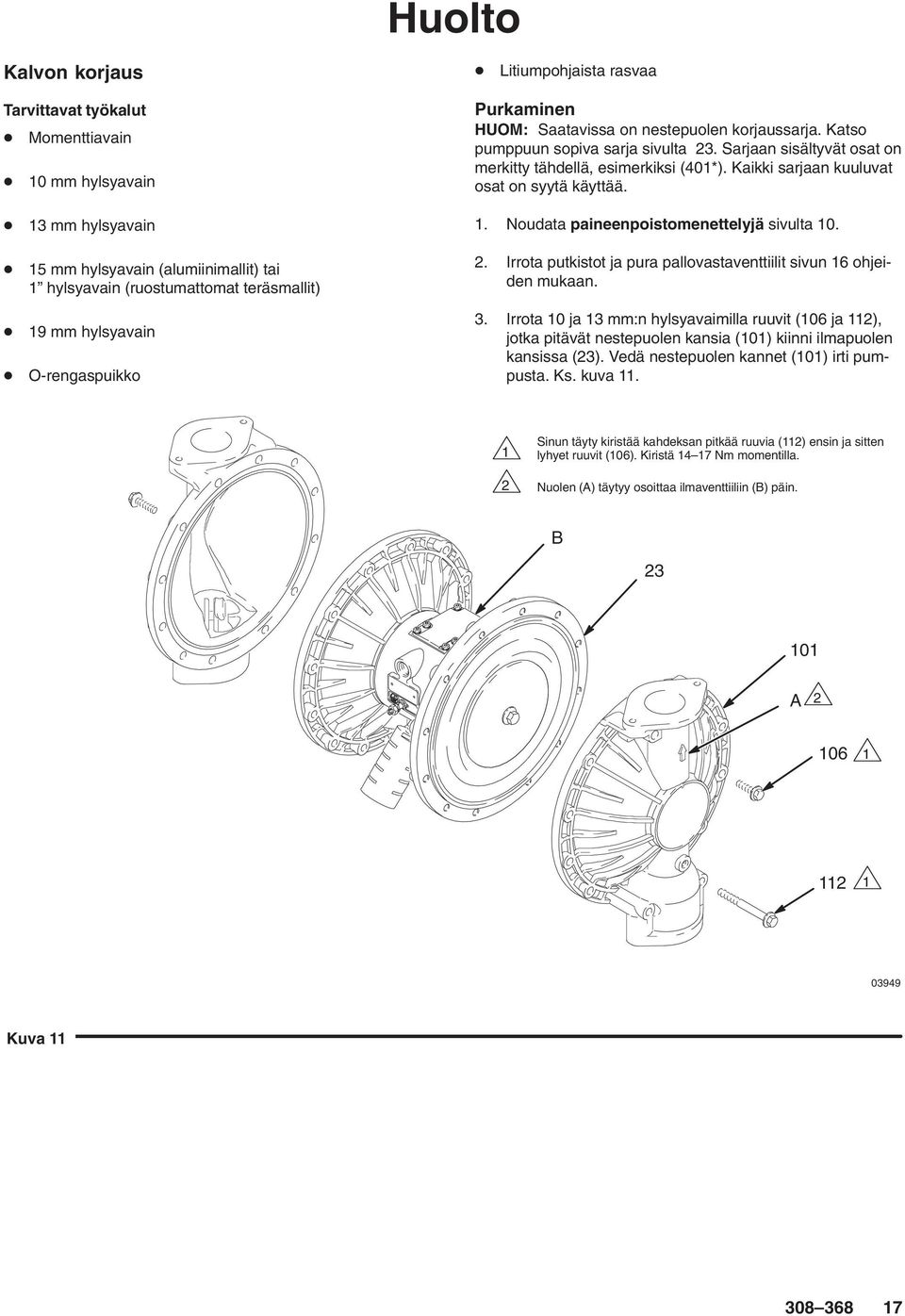 3 mm hylsyavain 5 mm hylsyavain (alumiinimallit) tai hylsyavain (ruostumattomat teräsmallit) 9 mm hylsyavain O-rengaspuikko. Noudata paineenpoistomenettelyjä sivulta 0.