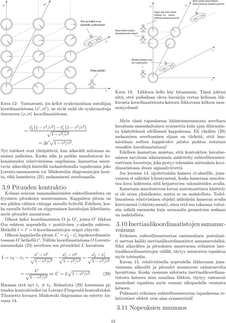 x Kuva 12: Vastaavasti, jos kellot synkronoidaan autoilijan koordinaatistossa (x, ct ), ne eivät enää ole synkronoituja tienvarren (x, ct) koordinaatistossa.