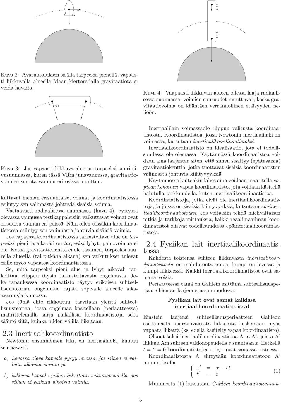 Kuva 3: Jos vapaasti liikkuva alue on tarpeeksi suuri sivusuunnassa, kuten tässä VR:n junavaunussa, gravitaatiovoimien suunta vaunun eri osissa muuttuu.