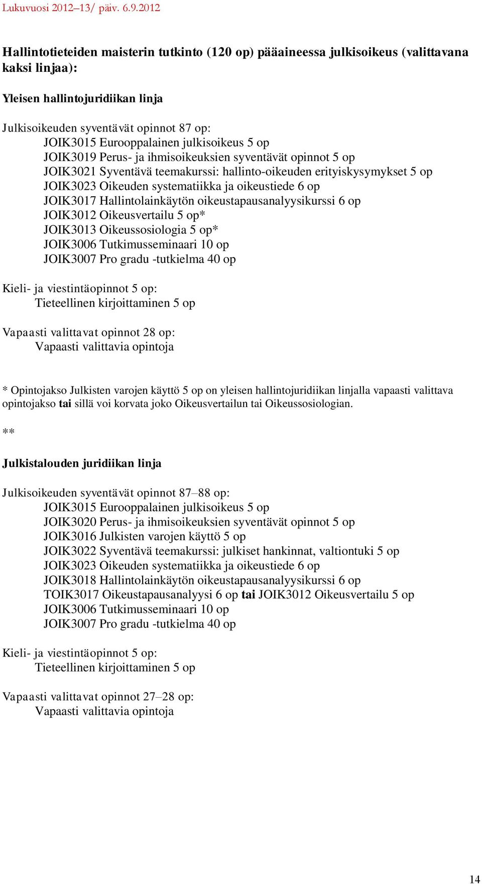 op JOIK3017 Hallintolainkäytön oikeustapausanalyysikurssi 6 op JOIK3012 Oikeusvertailu 5 op* JOIK3013 Oikeussosiologia 5 op* JOIK3006 Tutkimusseminaari 10 op JOIK3007 Pro gradu -tutkielma 40 op