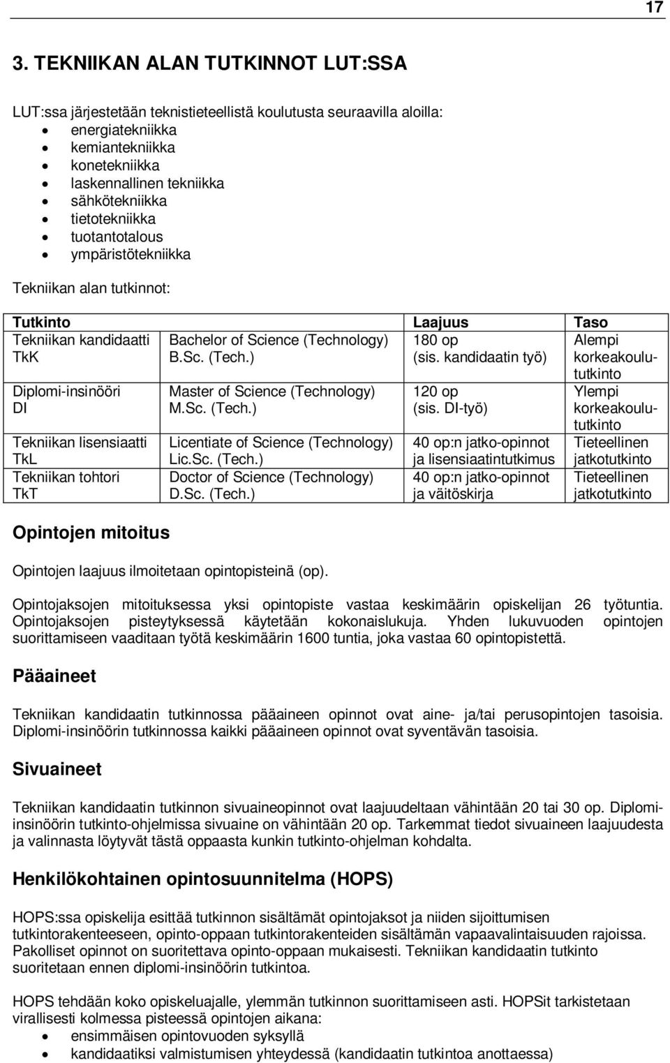 kandidaatin työ) korkeakoulu- Diplomi-insinööri DI Tekniikan lisensiaatti TkL Tekniikan tohtori TkT Opintojen mitoitus Master of Science (Technology) M.Sc. (Tech.) Licentiate of Science (Technology) Lic.