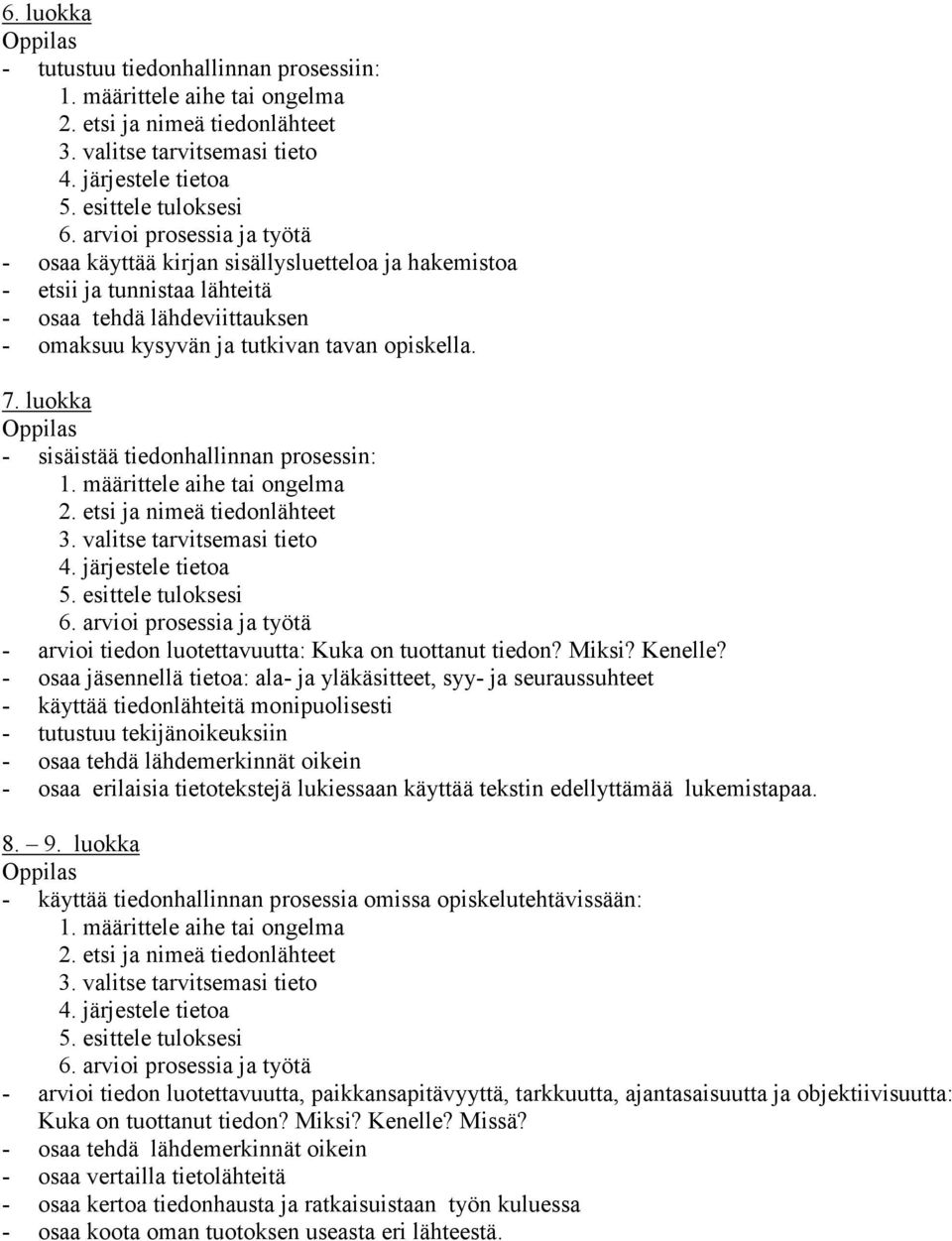 luokka - sisäistää tiedonhallinnan prosessin: 1. määrittele aihe tai ongelma 2. etsi ja nimeä tiedonlähteet 3. valitse tarvitsemasi tieto 4. järjestele tietoa 5. esittele tuloksesi 6.