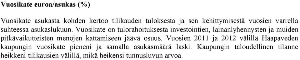 Vuosikate on tulorahoituksesta investointien, lainanlyhennysten ja muiden pitkävaikutteisten menojen kattamiseen