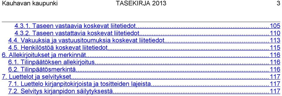 Allekirjoitukset ja merkinnät... 116 6.1. Tilinpäätöksen allekirjoitus... 116 6.2. Tilinpäätösmerkintä... 116 7.