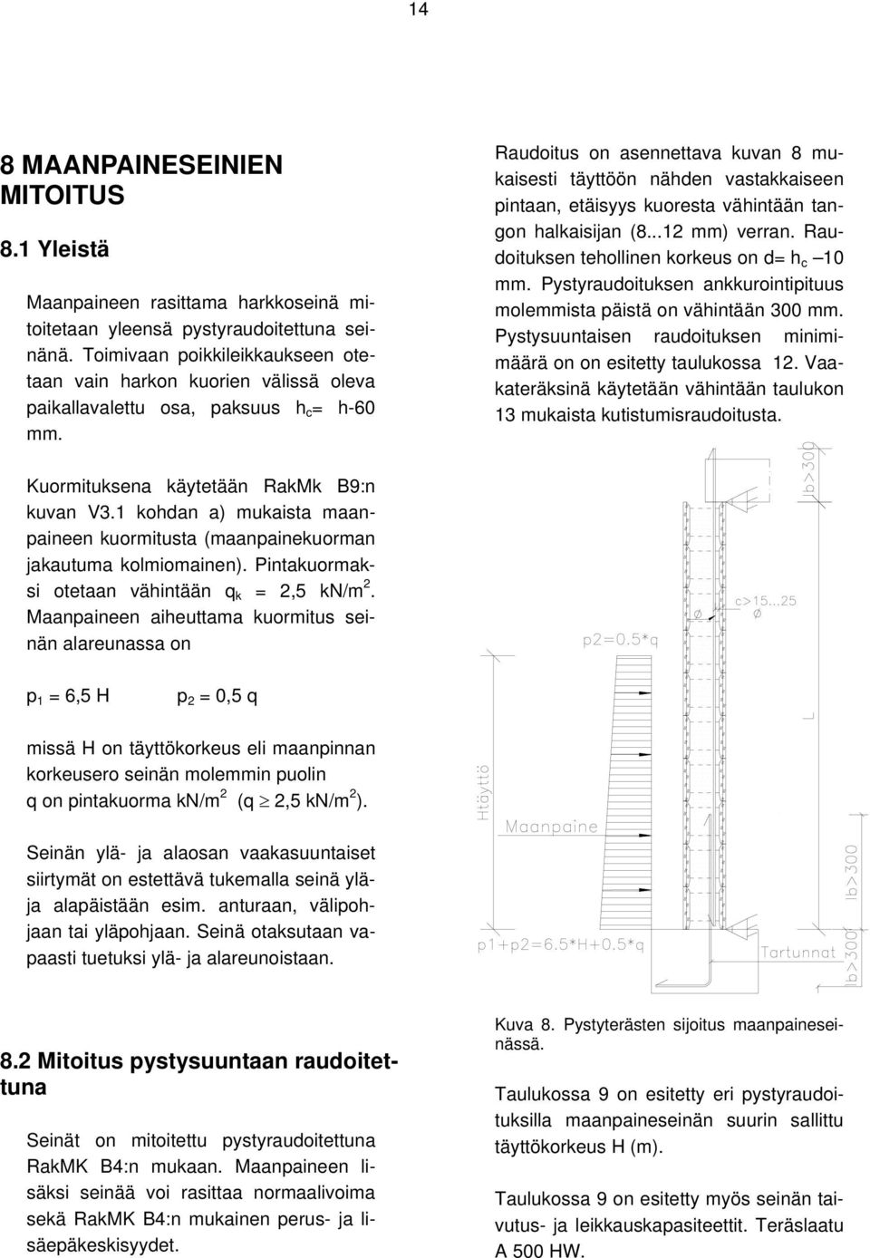 Raudoitus on asennettava kuvan 8 mukaisesti täyttöön nähden vastakkaiseen pintaan, etäisyys kuoresta vähintään tangon halkaisijan (8...12 mm) verran. Raudoituksen tehollinen korkeus on d= h c 10 mm.