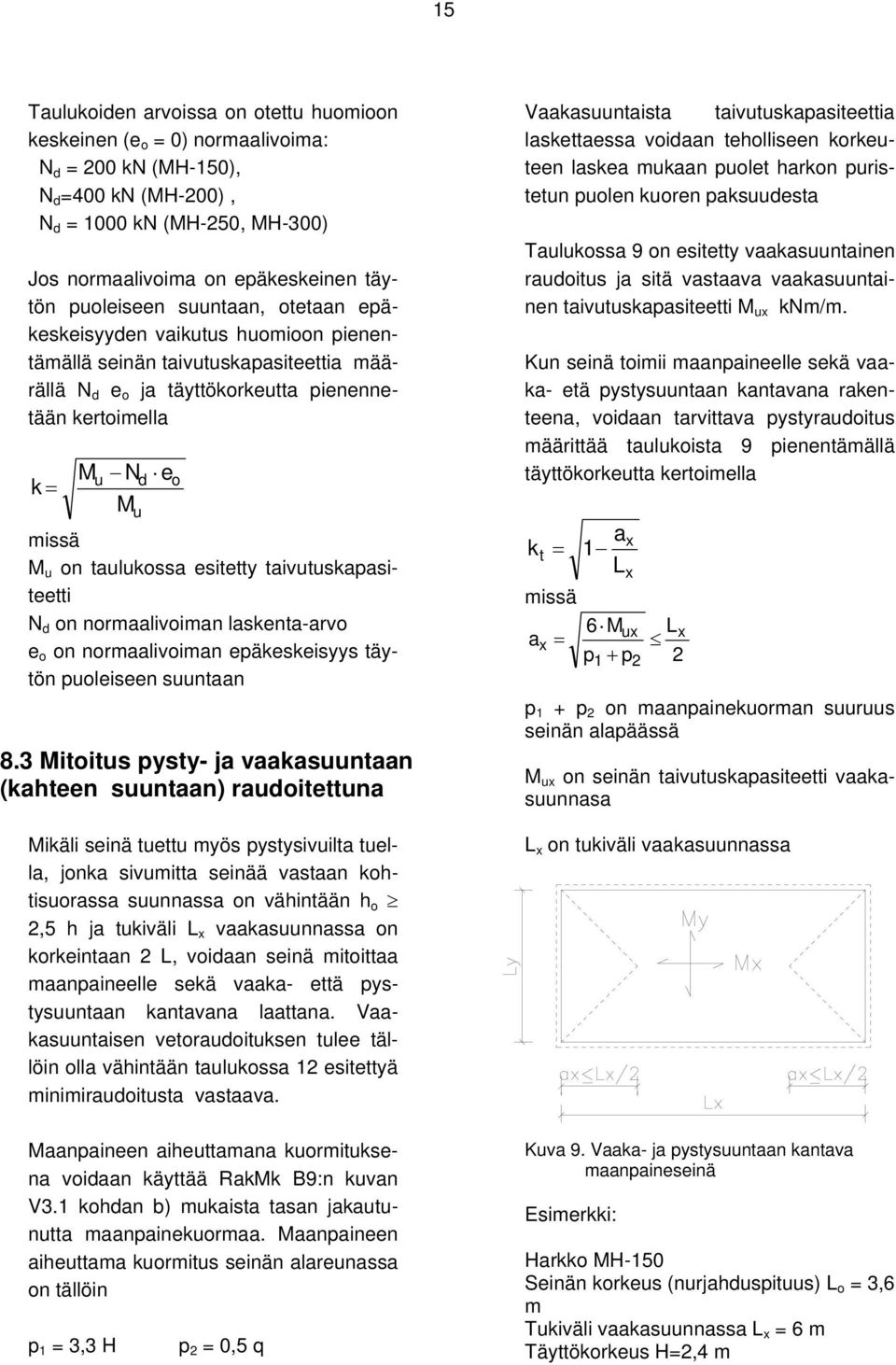 taulukossa esitetty taivutuskapasiteetti N d on normaalivoiman laskenta-arvo e o on normaalivoiman epäkeskeisyys täytön puoleiseen suuntaan 8.