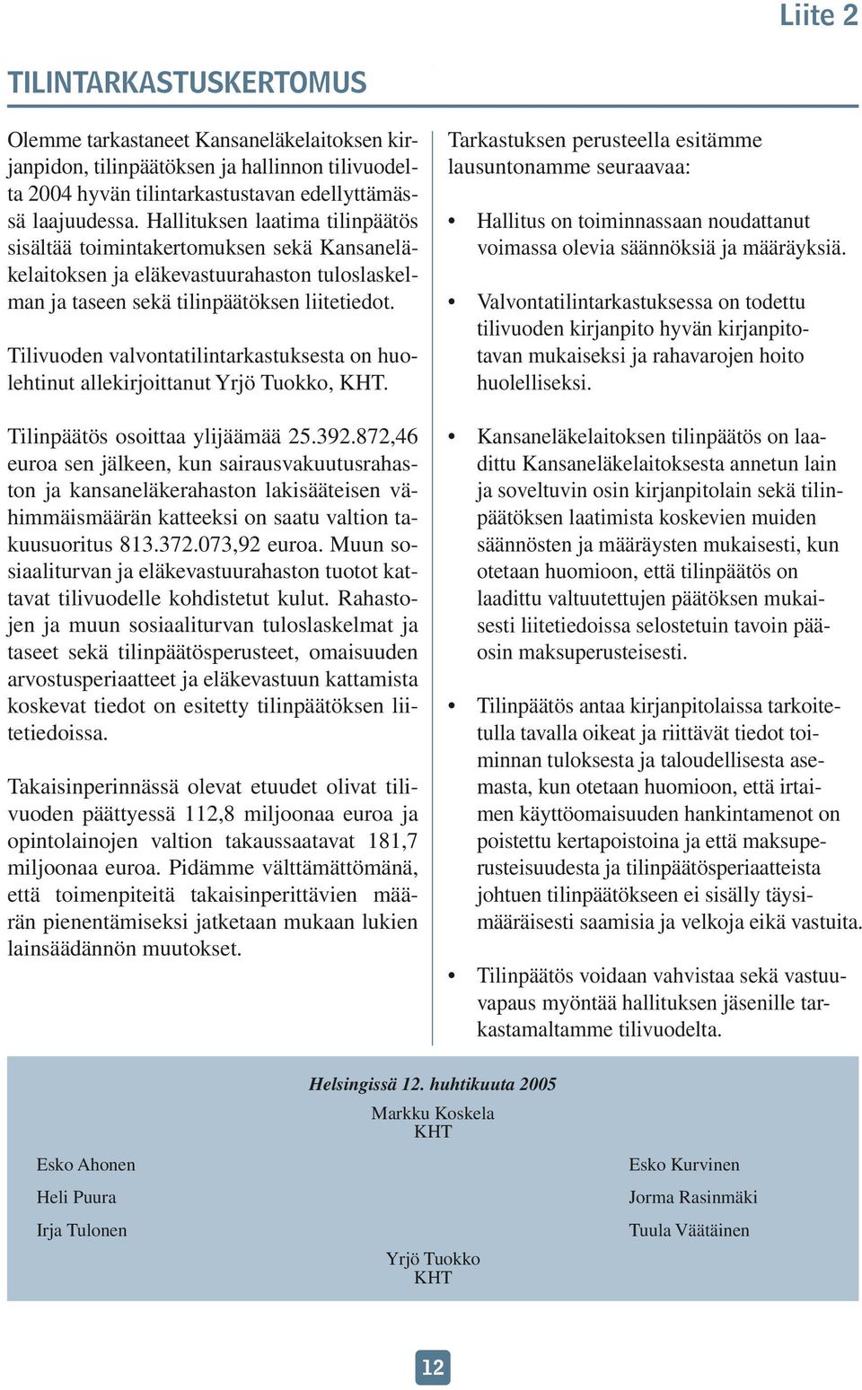 Tilivuoden valvontatilintarkastuksesta on huolehtinut allekirjoittanut Yrjö Tuokko, KHT. Tilinpäätös osoittaa ylijäämää 25.392.
