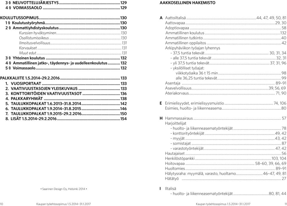 .. 133. 2. VAATIVUUSTASOJEN YLEISKUVAUS... 133. 3. KONTTORITÖIDEN VAATIVUUSTASOT... 136. 4. PALKKARYHMÄT... 138. 5. TAULUKKOPALKAT 1.6.2013 31.8.2014...142. 6. TAULUKKOPALKAT 1.9.2014 31.8.2015...146.