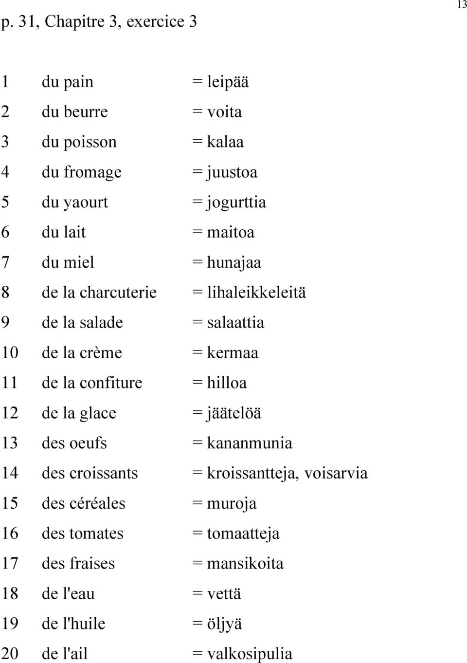 kermaa 11 de la confiture = hilloa 12 de la glace = jäätelöä 13 des oeufs = kananmunia 14 des croissants = kroissantteja, voisarvia 15