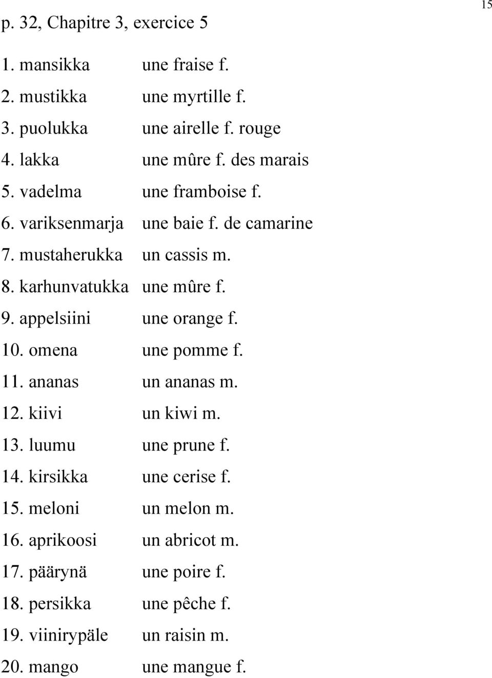 appelsiini une orange f. 10. omena une pomme f. 11. ananas un ananas m. 12. kiivi un kiwi m. 13. luumu une prune f. 14. kirsikka une cerise f.