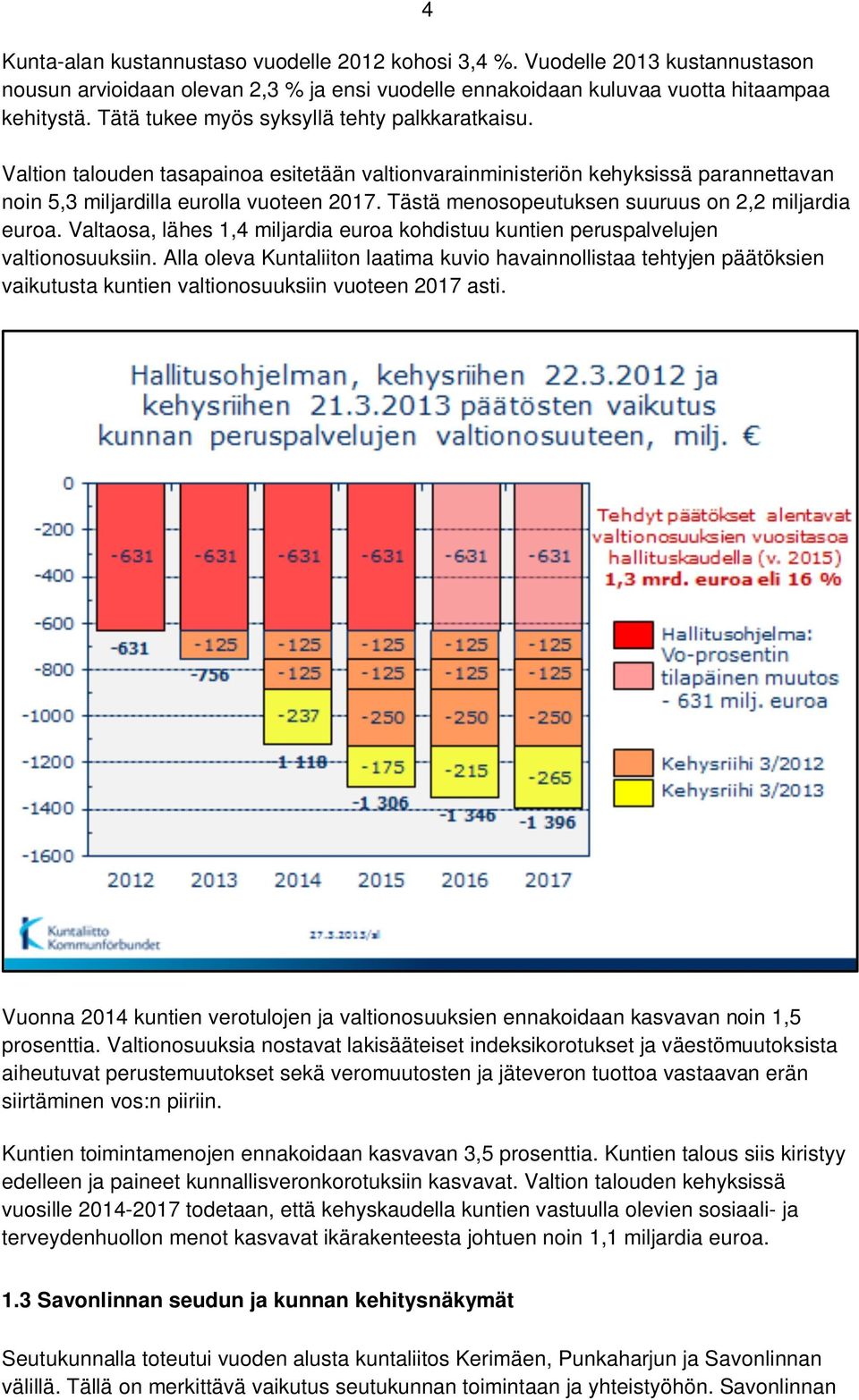 Tästä menosopeutuksen suuruus on 2,2 miljardia euroa. Valtaosa, lähes 1,4 miljardia euroa kohdistuu kuntien peruspalvelujen valtionosuuksiin.