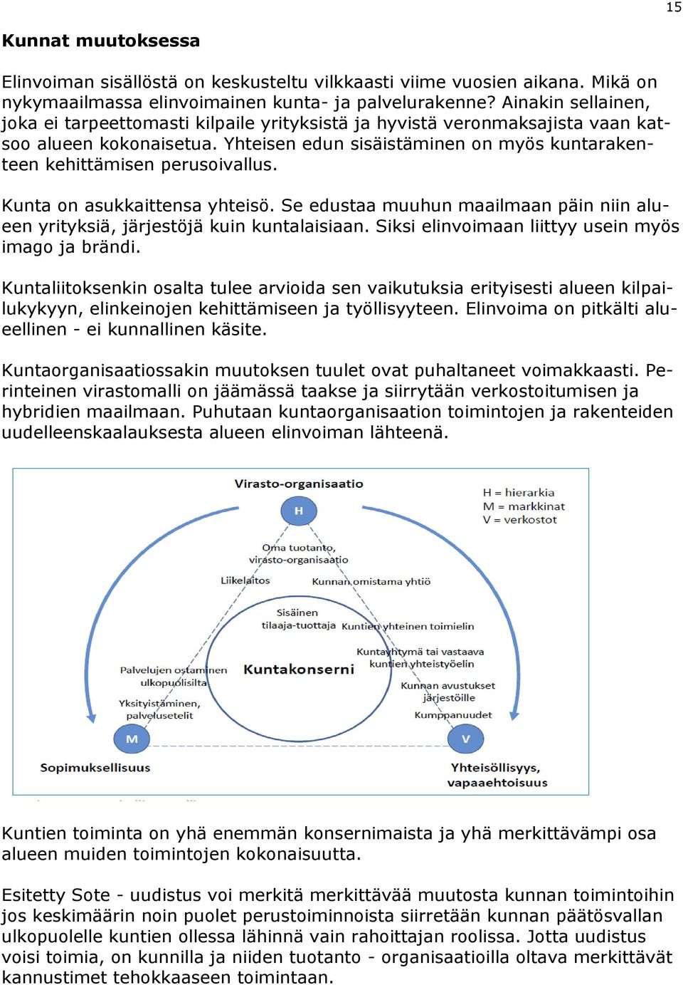 Yhteisen edun sisäistäminen on myös kuntarakenteen kehittämisen perusoivallus. Kunta on asukkaittensa yhteisö. Se edustaa muuhun maailmaan päin niin alueen yrityksiä, järjestöjä kuin kuntalaisiaan.