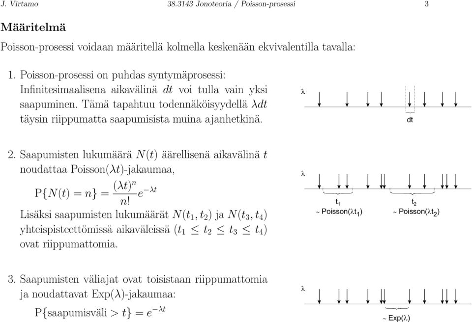 Tämä tapahtuu todennäköisyydellä λdt täysin riippumatta saapumisista muina ajanhetkinä. dt 2.