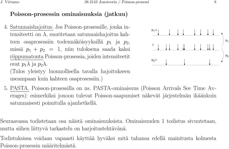 Poisson-prosessia, joiden intensiteetit ovat p 1 λ ja p 2 λ. (Tulos yleistyy luonnollisella tavalla hajoitukseen useampaan kuin kahteen osaprosessiin.) 5. PASTA. Poisson-prosessilla on ns.