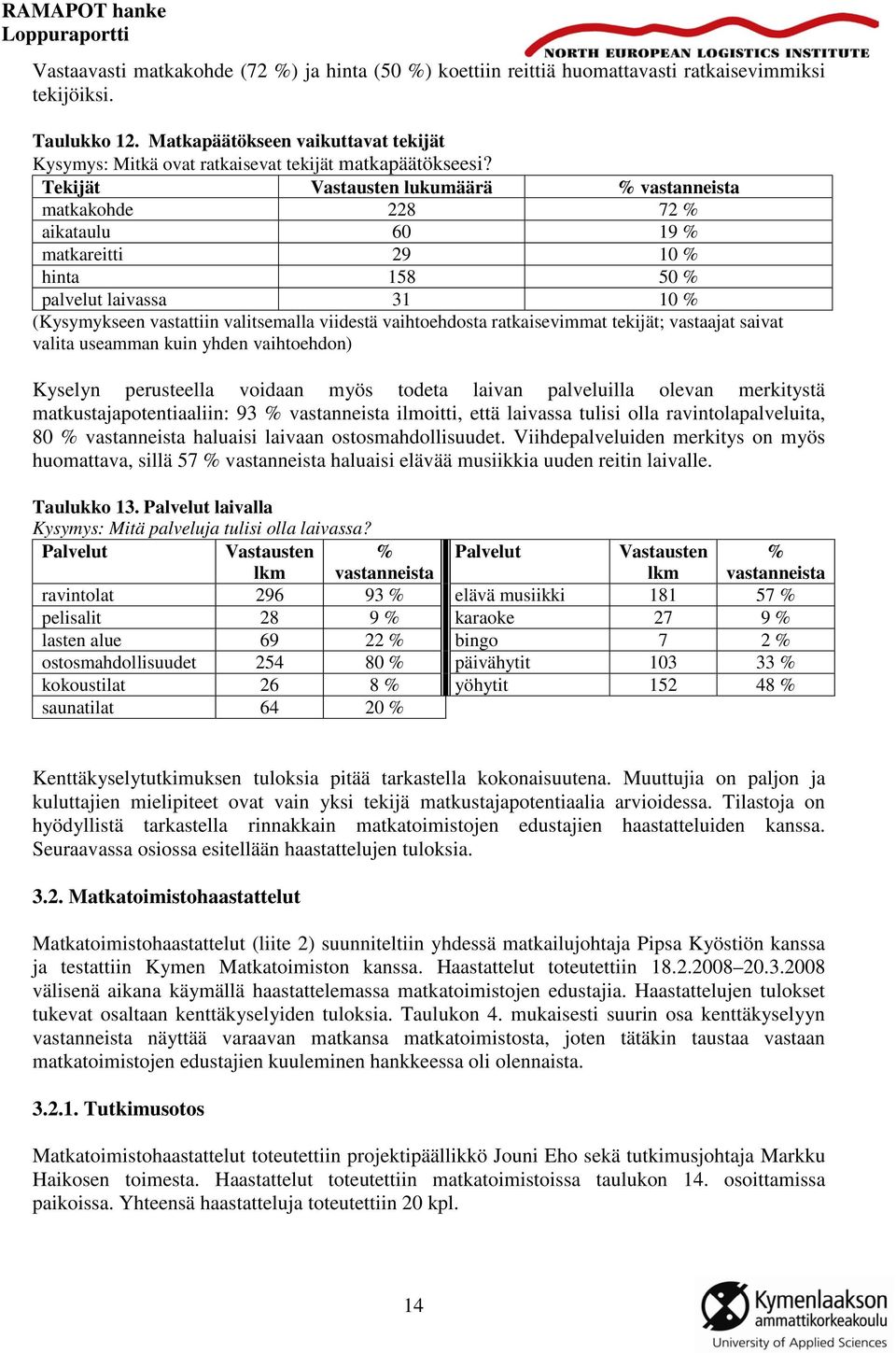 Tekijät Vastausten lukumäärä % vastanneista matkakohde 228 72 % aikataulu 60 19 % matkareitti 29 10 % hinta 158 50 % palvelut laivassa 31 10 % (Kysymykseen vastattiin valitsemalla viidestä