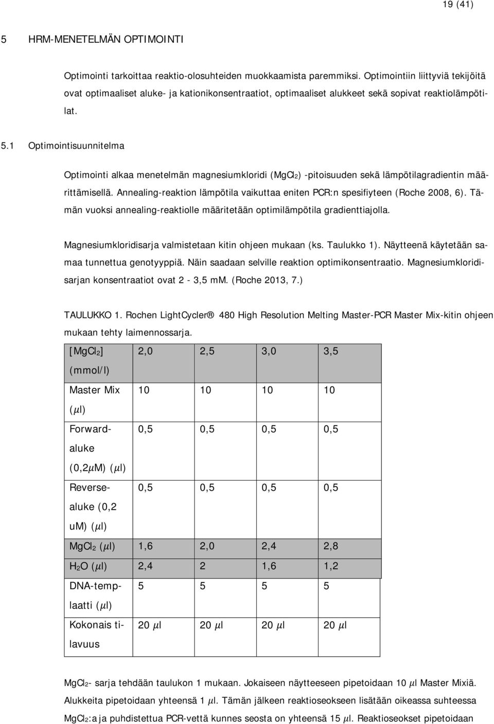 1 Optimointisuunnitelma Optimointi alkaa menetelmän magnesiumkloridi (MgCl2) -pitoisuuden sekä lämpötilagradientin määrittämisellä.