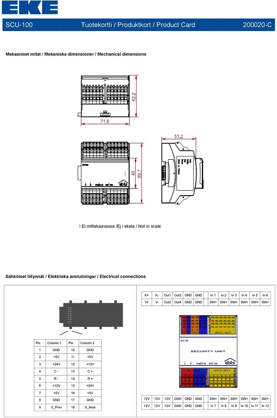 In 3 In 4 In 5 In 6 V+ V- Out2 Out4 GND GND SW+ SW+ SW+ SW+ SW+ SW+ Pin Column 1 Pin Column 2 1 GND 10 GND 2 +5V 11 +5V 3 +24V 12 +12V 4 C - 13 C + 5