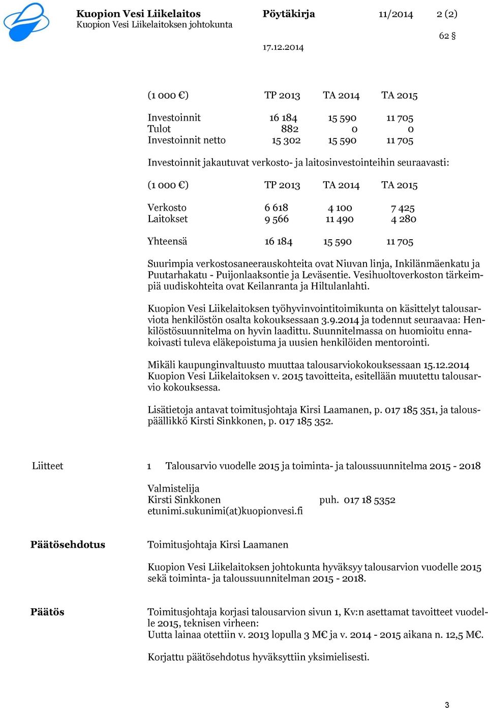 (1 000 ) TP 2013 TA 2014 TA 2015 Verkosto 6 618 4 100 7 425 Laitokset 9 566 11 490 4 280 Yhteensä 16 184 15 590 11 705 Suurimpia verkostosaneerauskohteita ovat Niuvan linja, Inkilänmäenkatu ja