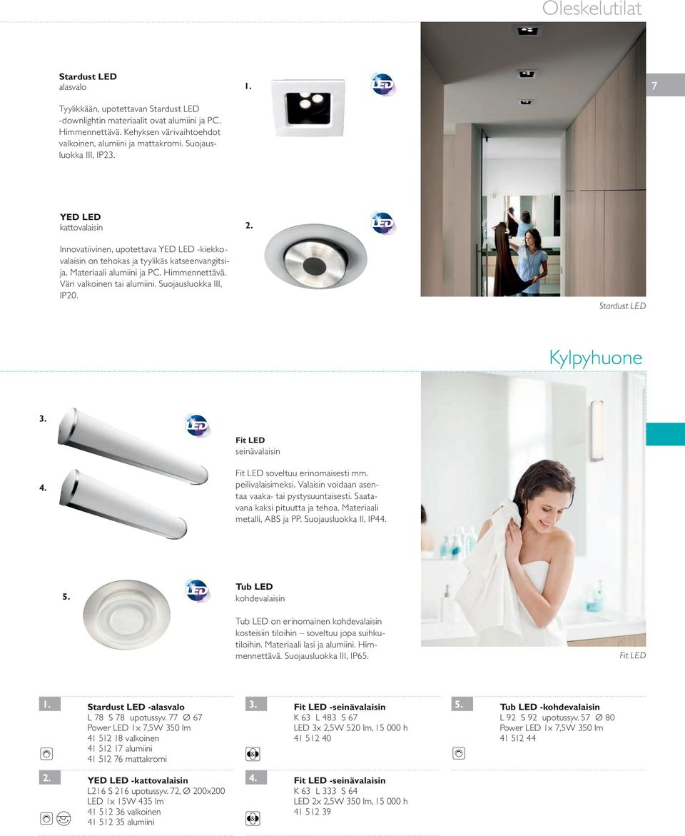 Suojausluokka III, IP20. Stardust LED Kylpyhuone Fit LED Fit LED soveltuu erinomaisesti mm. peili valaisimeksi. Valaisin voidaan asentaa vaaka- tai pystysuuntaisesti.