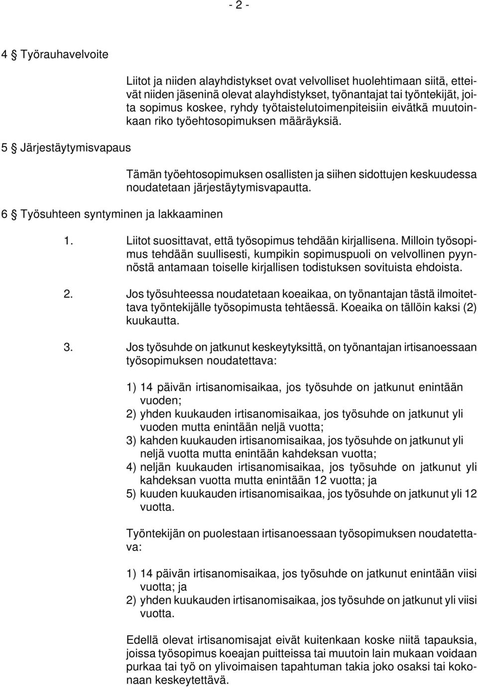 Tämän työehtosopimuksen osallisten ja siihen sidottujen keskuudessa noudatetaan järjestäytymisvapautta. 1. Liitot suosittavat, että työsopimus tehdään kirjallisena.