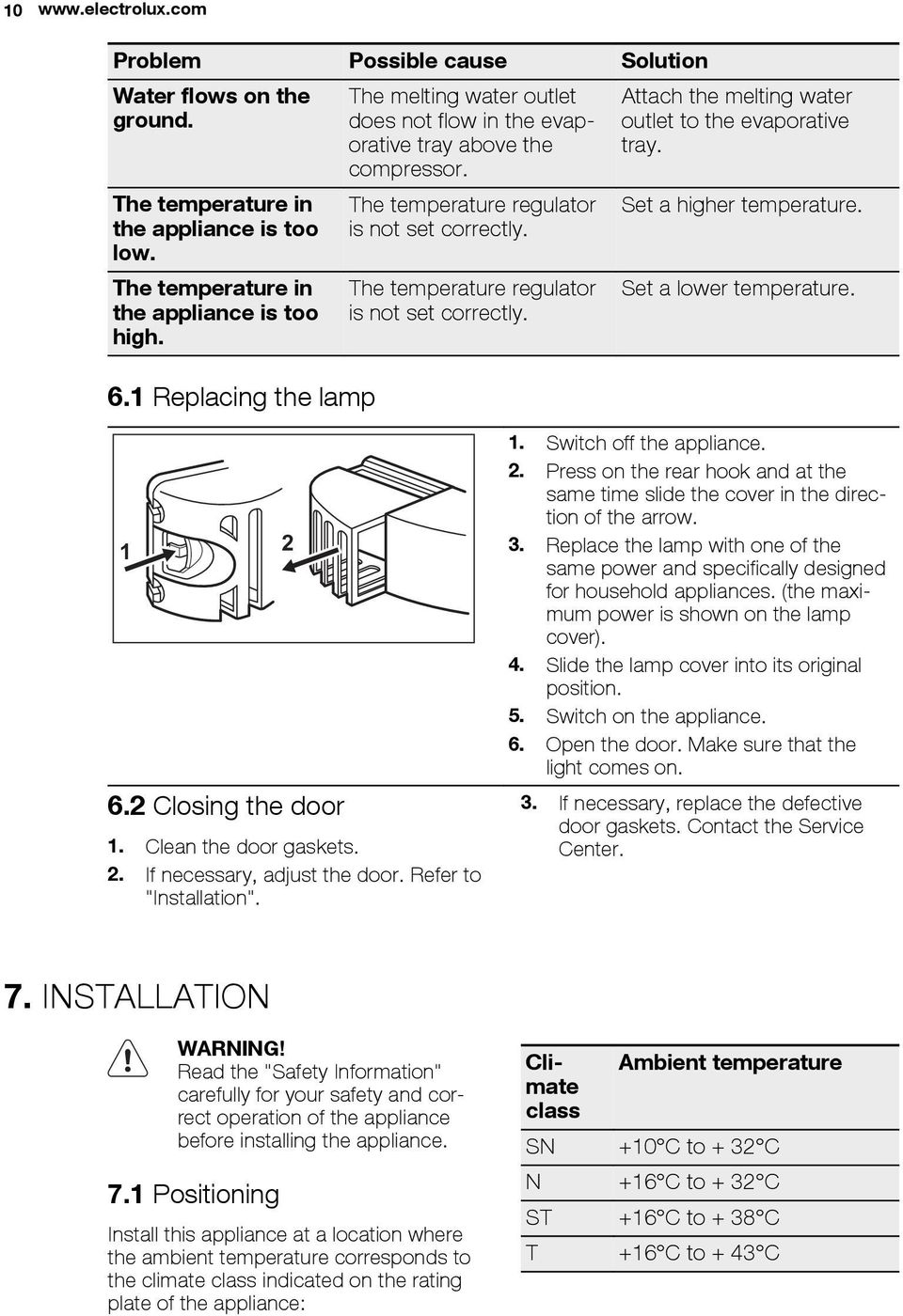 The temperature regulator is not set correctly. Attach the melting water outlet to the evaporative tray. Set a higher temperature. Set a lower temperature. 1 2 6.2 Closing the door 1.