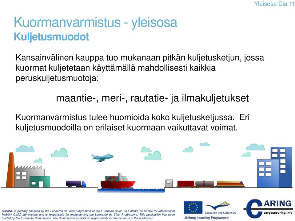 kaikkia peruskuljetusmuotoja: maantie-, meri-, rautatie- ja ilmakuljetukset