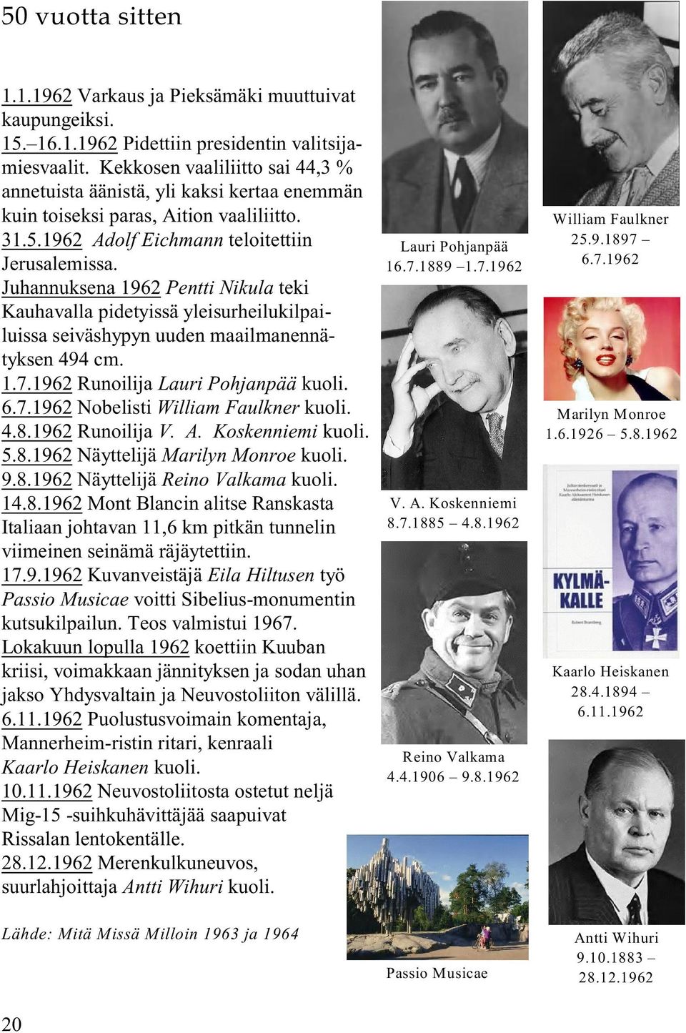 Juhannuksena 1962 Pentti Nikula teki Kauhavalla pidetyissä yleisurheilukilpailuissa seiväshypyn uuden maailmanennätyksen 494 cm. 1.7.1962 Runoilija Lauri Pohjanpää kuoli. 6.7.1962 Nobelisti William Faulkner kuoli.