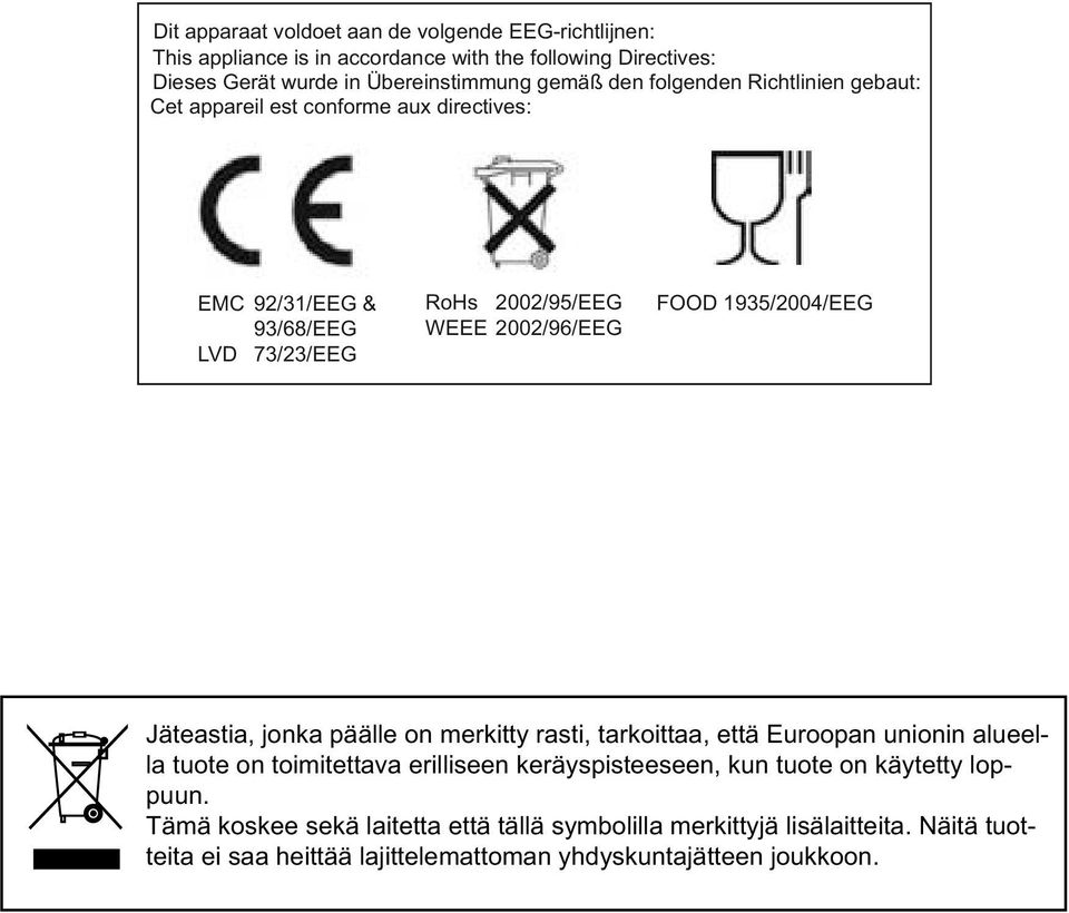 1935/2004/EEG Jäteastia, jonka päälle on merkitty rasti, tarkoittaa, että Euroopan unionin alueella tuote on toimitettava erilliseen keräyspisteeseen, kun tuote